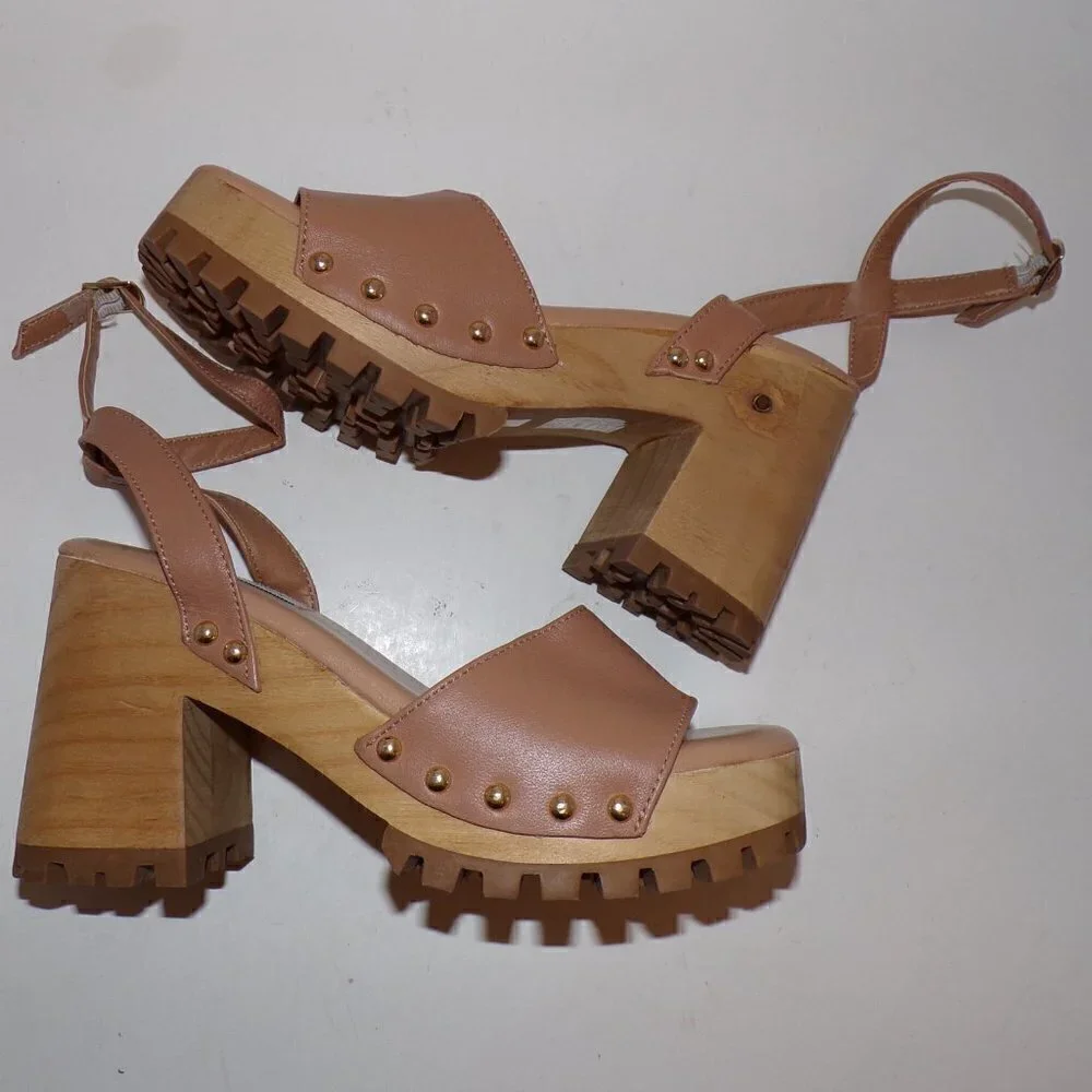 Steve Madden Ocala Tan Leather Ankle Strap Squared Open Toe Studded Wood‎ - Picture 2 of 8